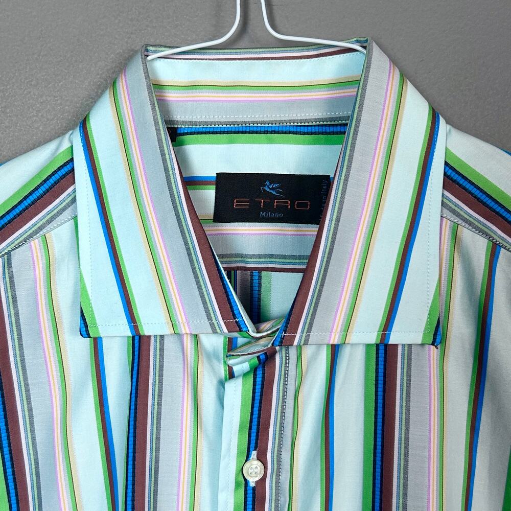 ETRO Milano Shirt Men's size 42‎ Button Down Stripe colorful blue green Italy